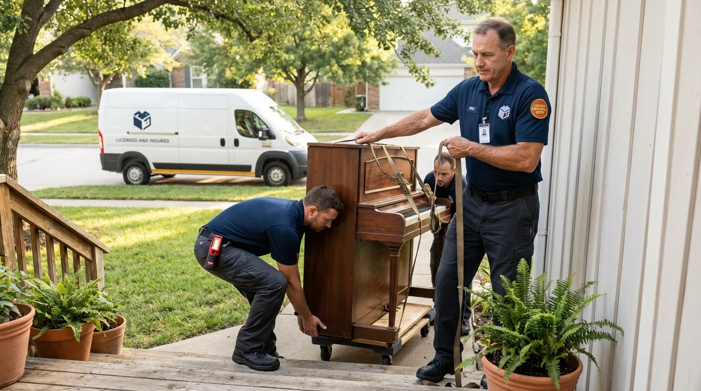Licensed piano movers securing grand piano in Verplanck, NY