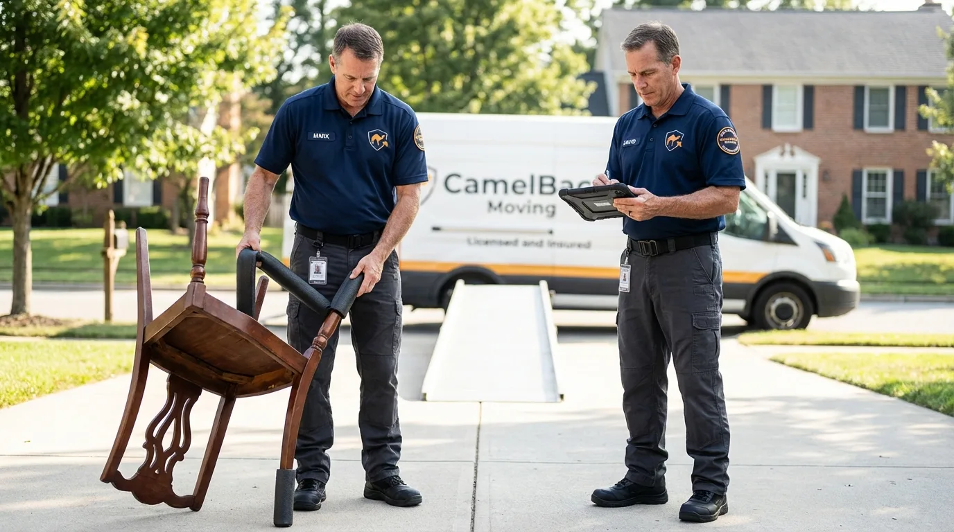 Movers inspecting furniture for damage prevention before loading in Verplanck, NY