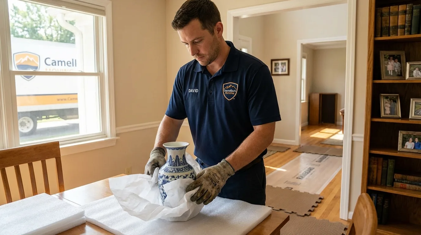 Professional crew carefully wrapping antique vase for senior downsizing move in Verplanck, NY